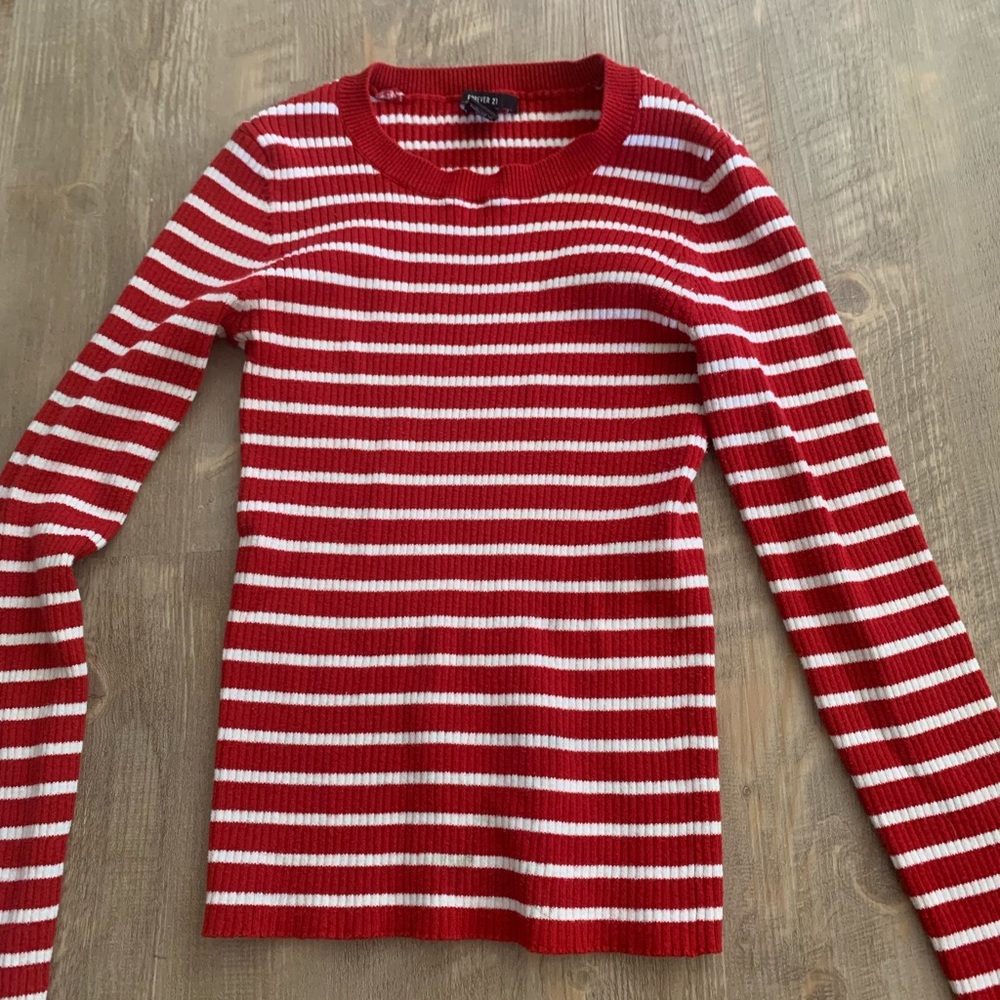 Red and white striped, long sleeved shirt